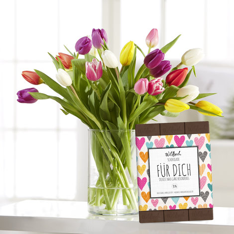20 bunte Tulpen mit „FÜR DICH“ Schokolade