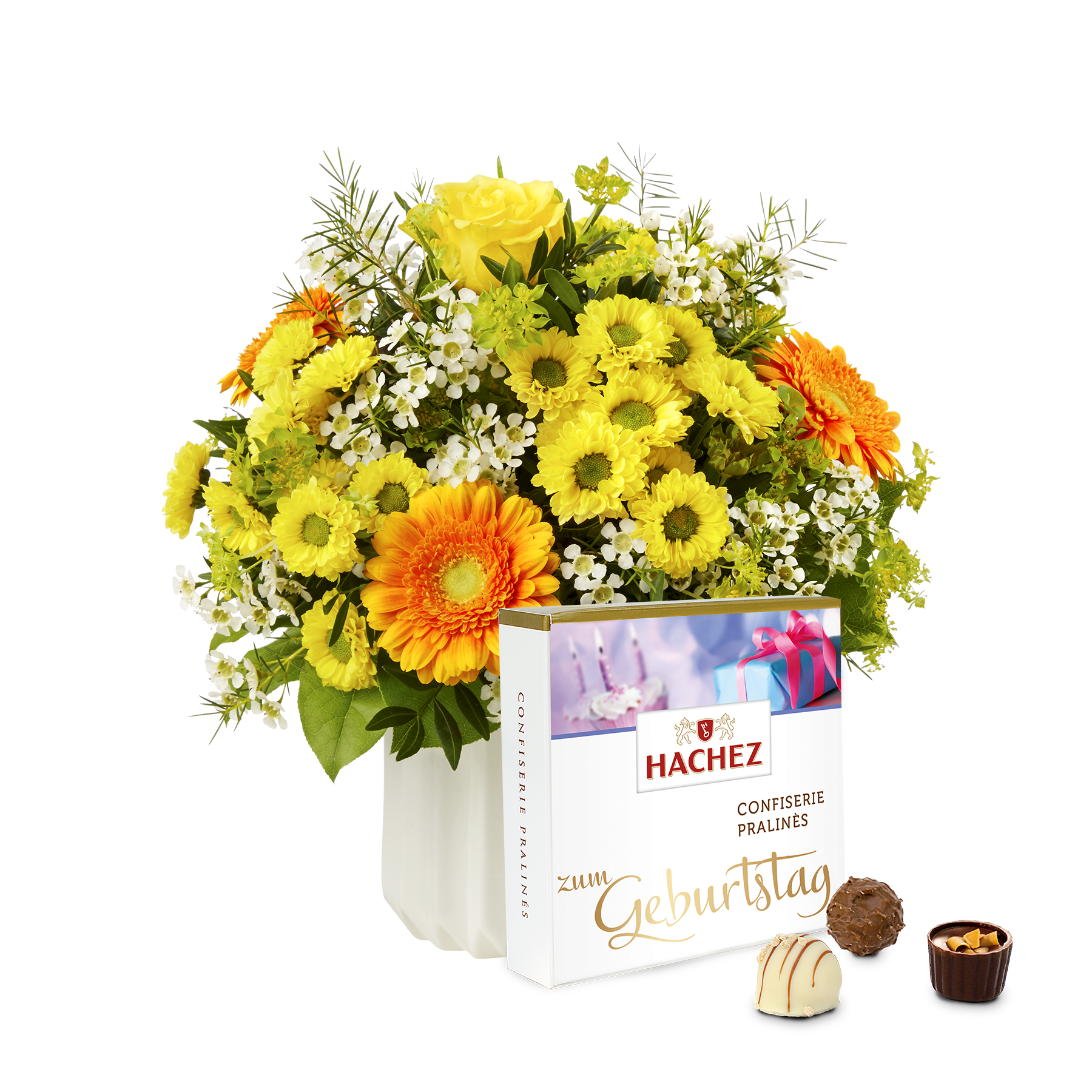Blumenstrauß Geburtstagsüberraschung mit Hachez Pralinen Zum Geburtstag von  bestellen