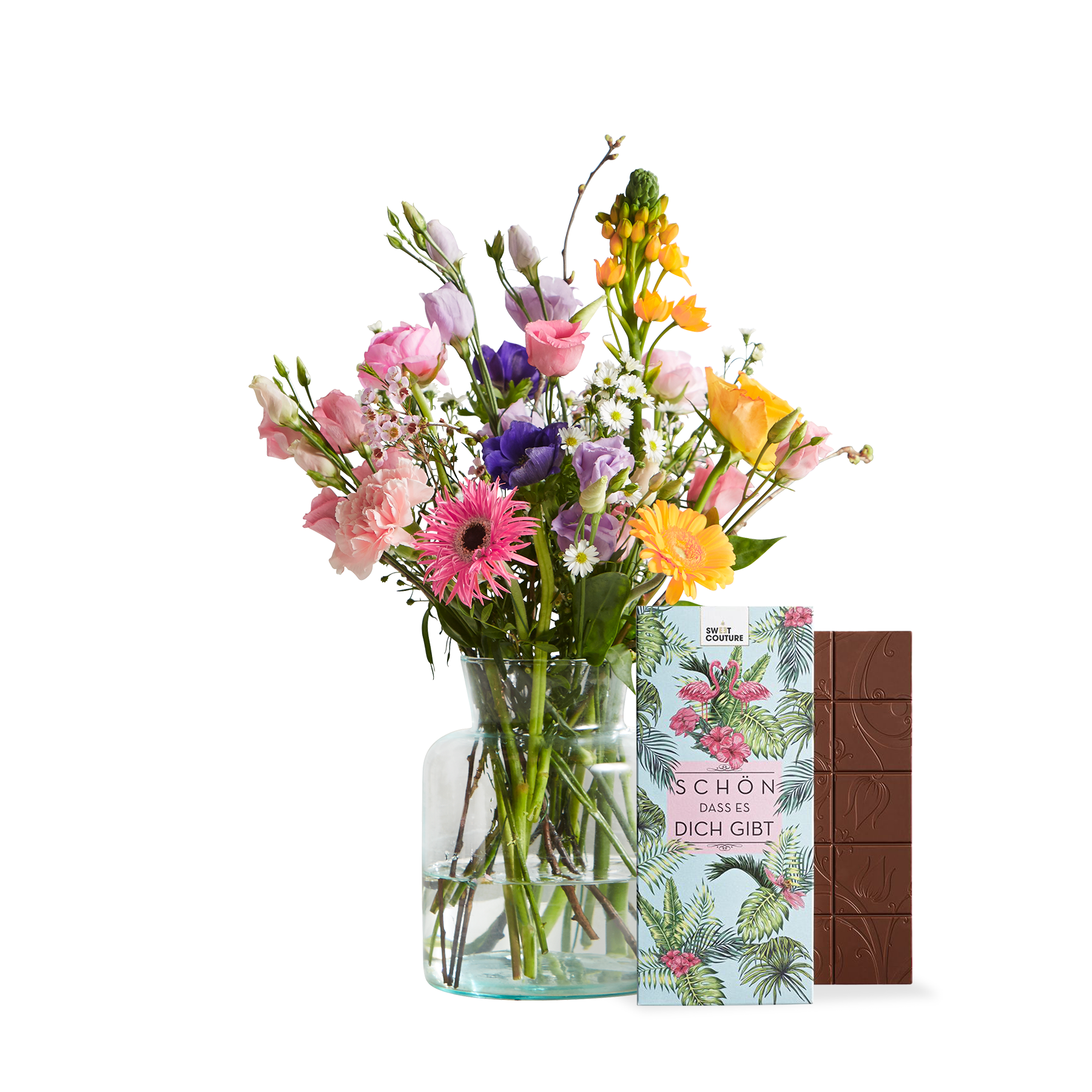 Blumenstrauß Blooming Heaven Größe M mit Schokotafel Schön, dass es Dich gibt von  bestellen
