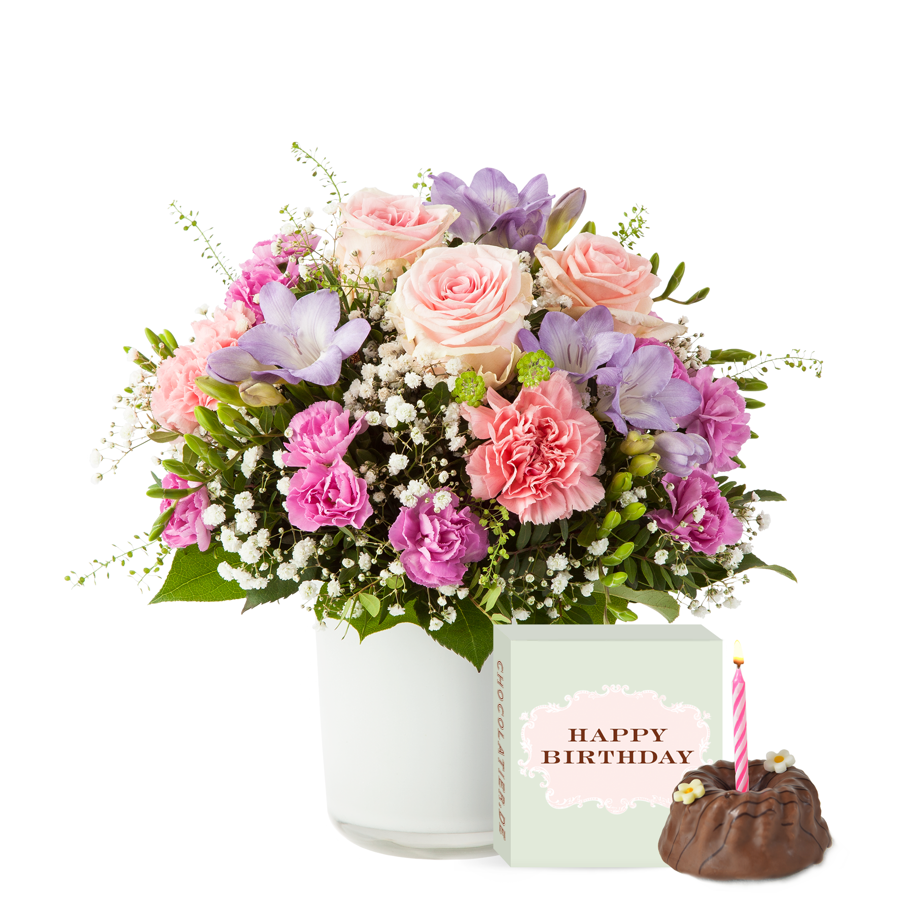 Blumenstrauß Blumenkuss mit Geburtstagsküchlein mit Kerze von  bestellen