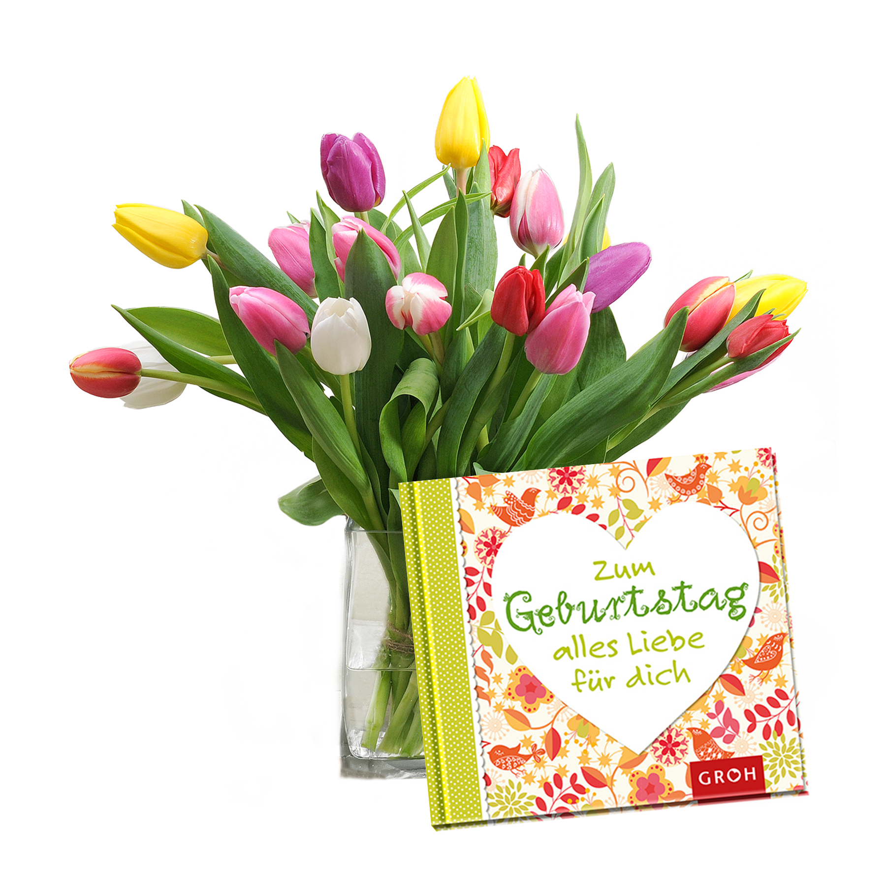 20 Stiele Bunte Tulpen mit Buch ´´Zum Geburtstag alles Liebe für dich´´ von  bestellen
